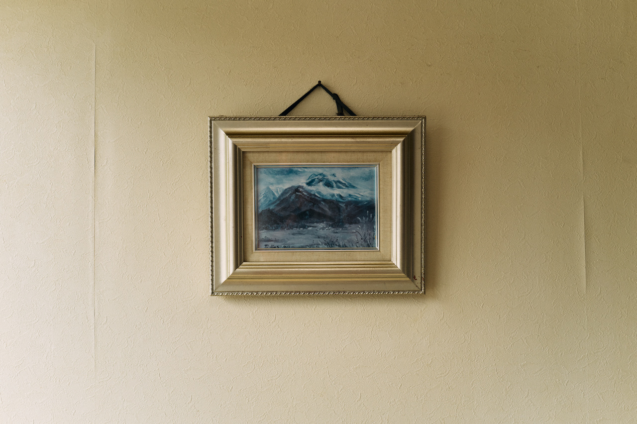 A small painting of a mountain hanging on a wall somewhere in Niigata.