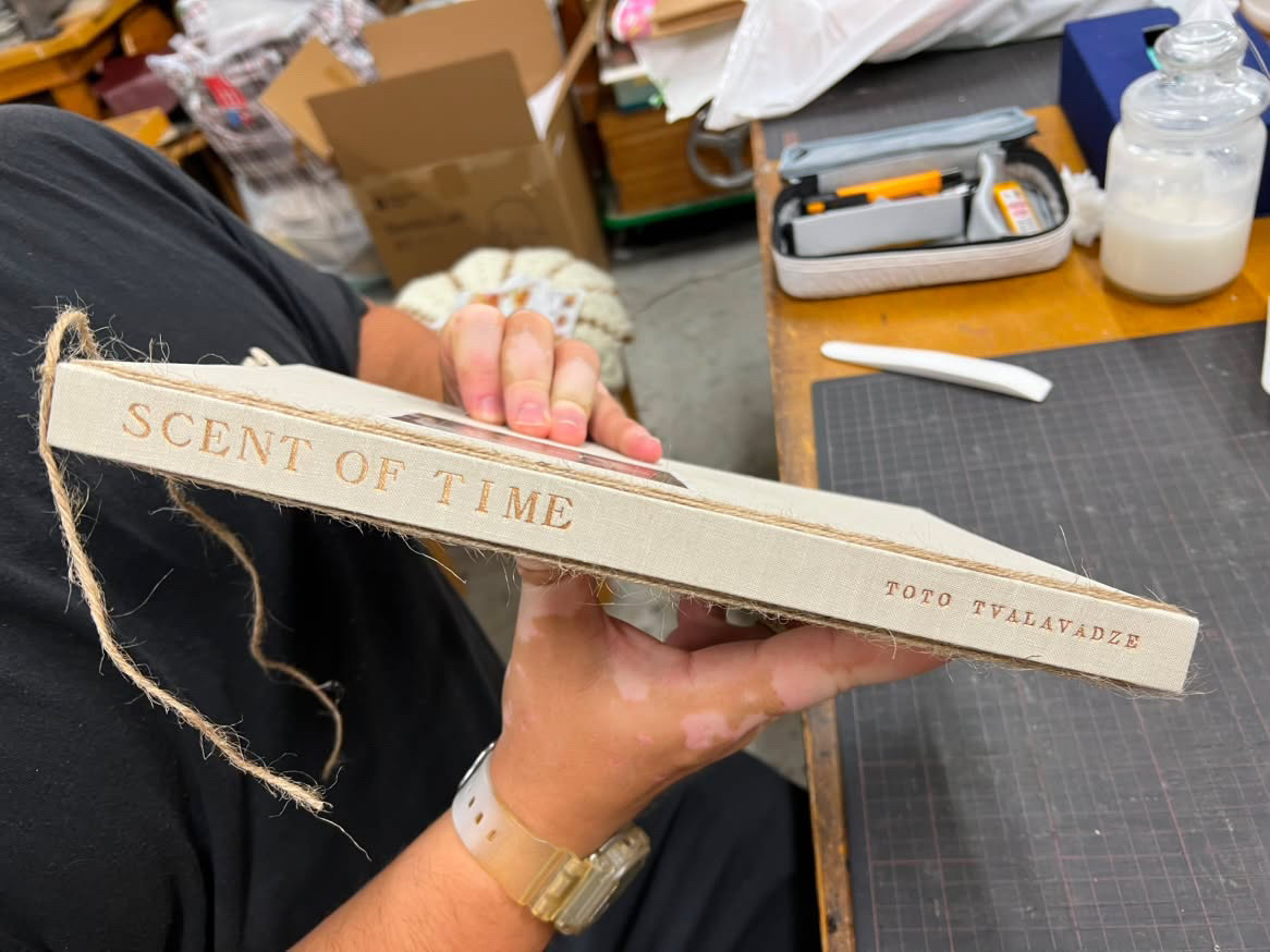 The cloth-covered spine of the second Scent of Time maquette at the bindery.