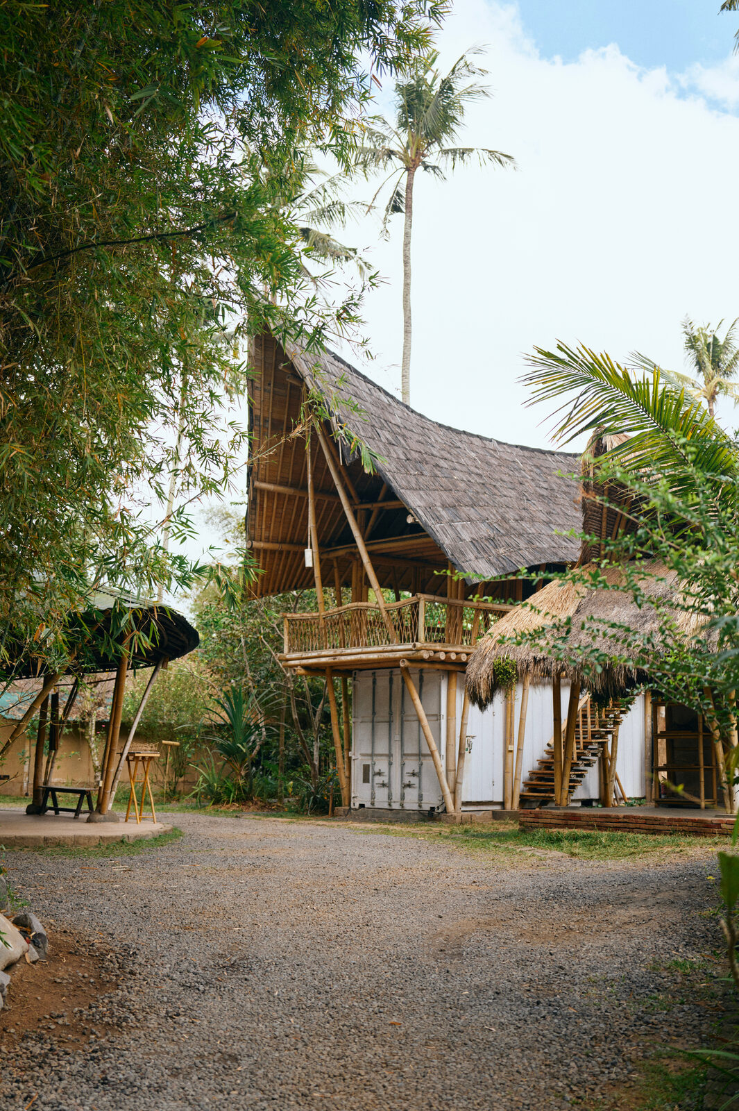 A bamboo house with a thatched roof at The Kul Kul Farm.