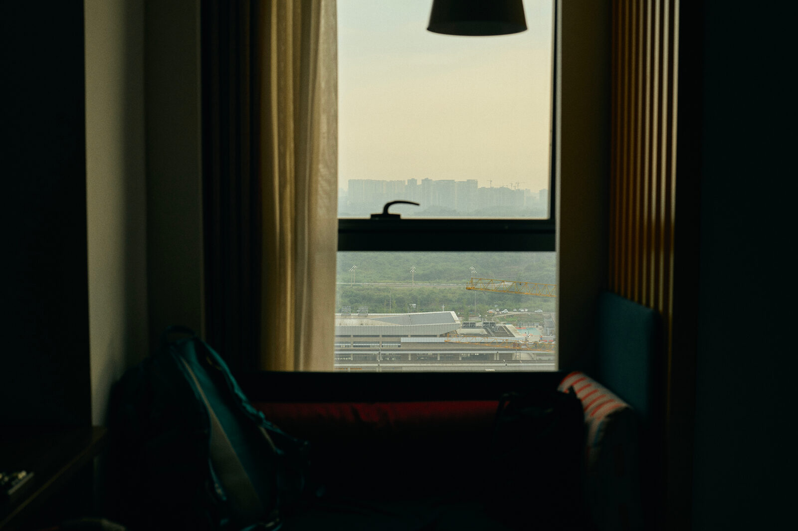 A hotel window during the layover in Chengdu.