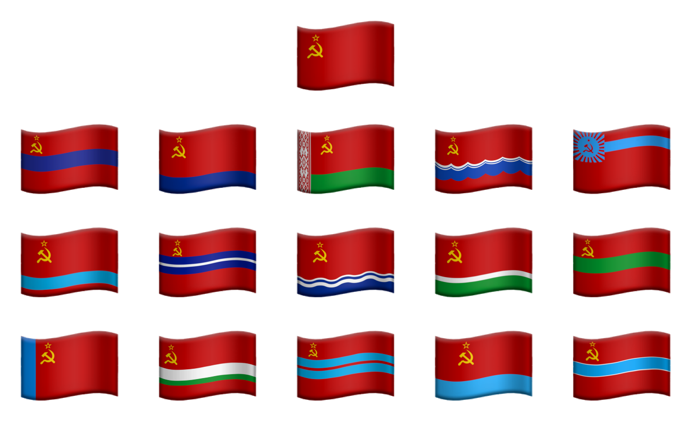 Flag of Soviet Republics with the Union flag on the top. Russian flag is bottom left. Georgian—top right.