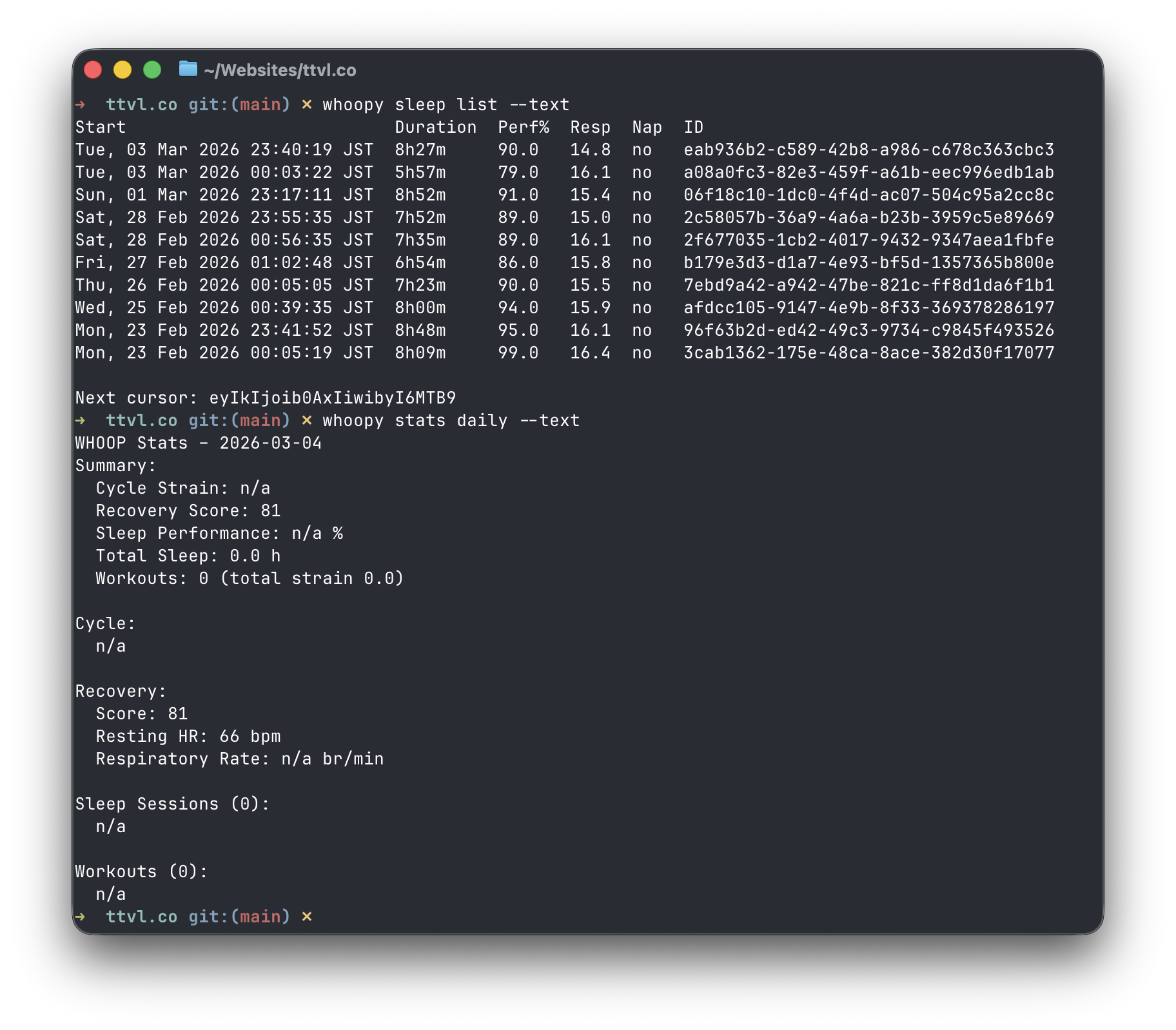 Whoopy CLI daily stats in the terminal