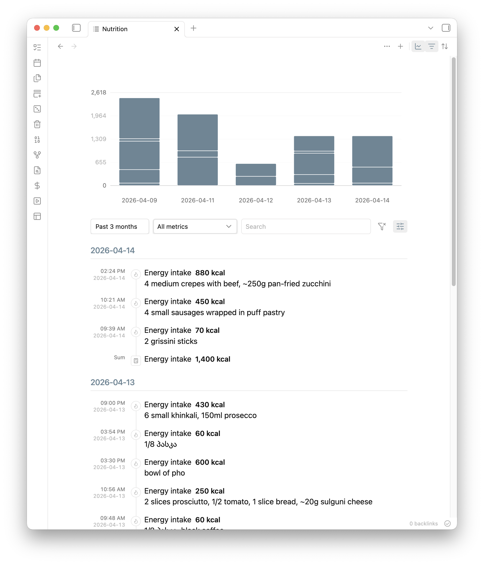 Metrics nutrition view with daily summaries and record notes