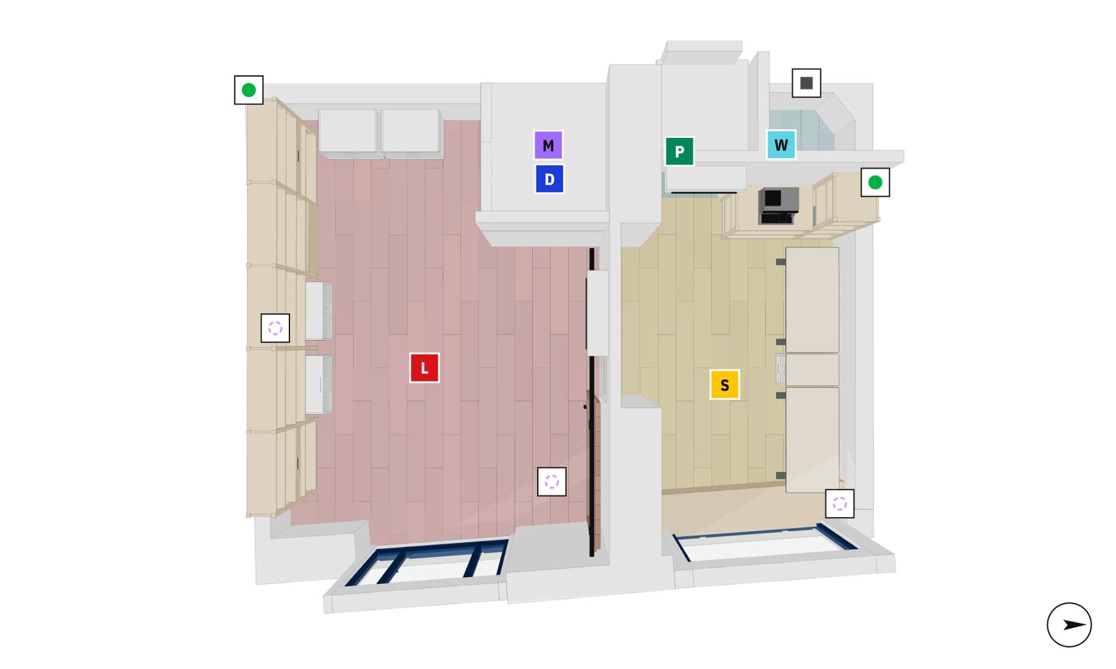 Top-down plan view of the studio model with room letters and device markers