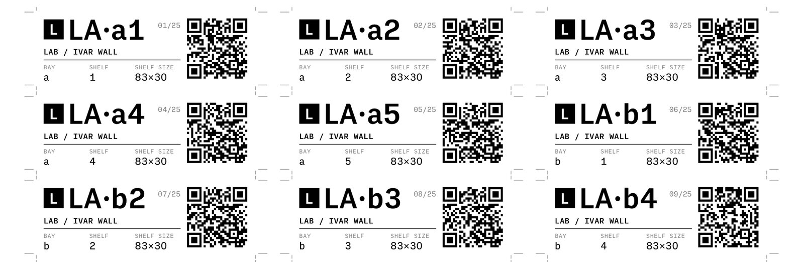 A sheet of shelf-edge labels reading LA·a1 to LA·b4, each with the Lab letter, bay, shelf, shelf size, and a QR code