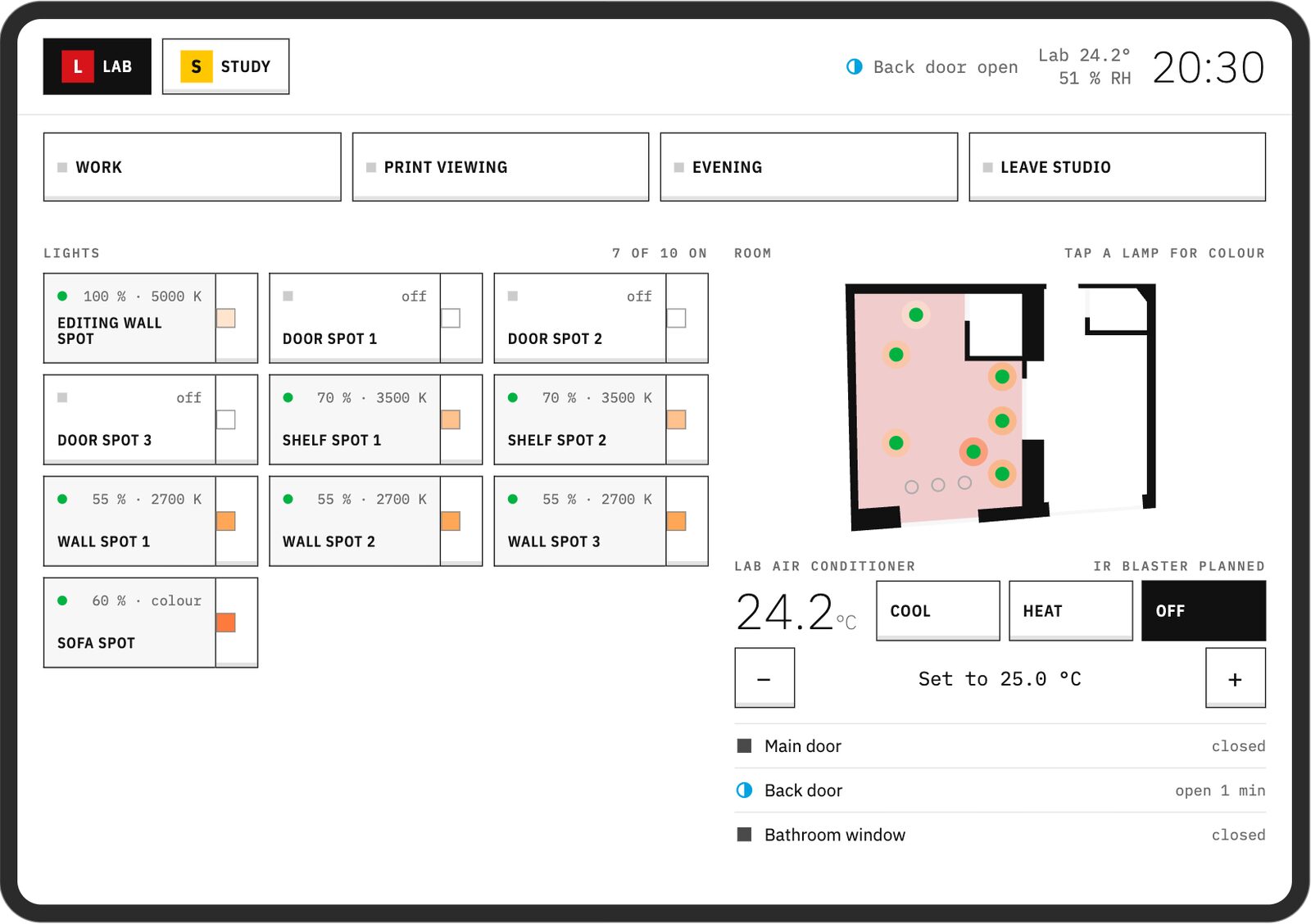 A tablet panel with scene keys, a grid of Lab lamp keys with brightness and color temperature, a room plan with lamp positions, air conditioner controls, and door states