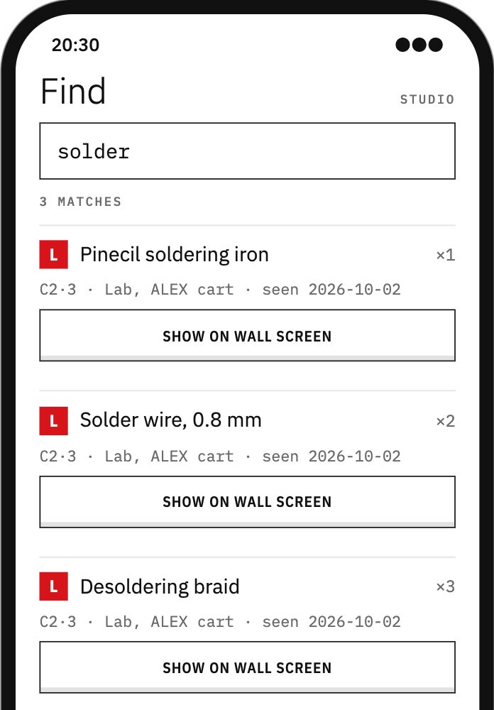 A phone screen titled Find with the query solder and three matches in drawer C2·3, each with a Show on wall screen button