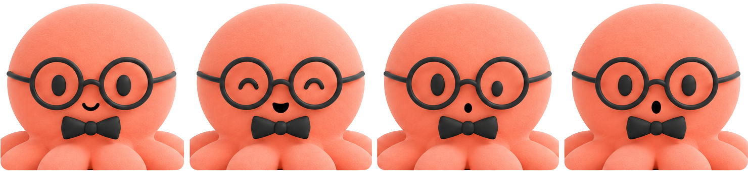 Four full-color portraits of Hank with the same glasses and bow tie: a small smile, closed happy eyes, a small round mouth, and a taller open mouth