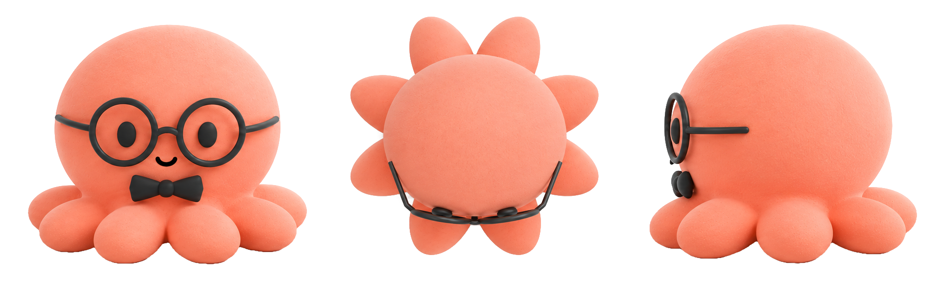Three full-color renders of Hank, a coral octopus with black glasses and a bow tie, seen from the front, above, and the side