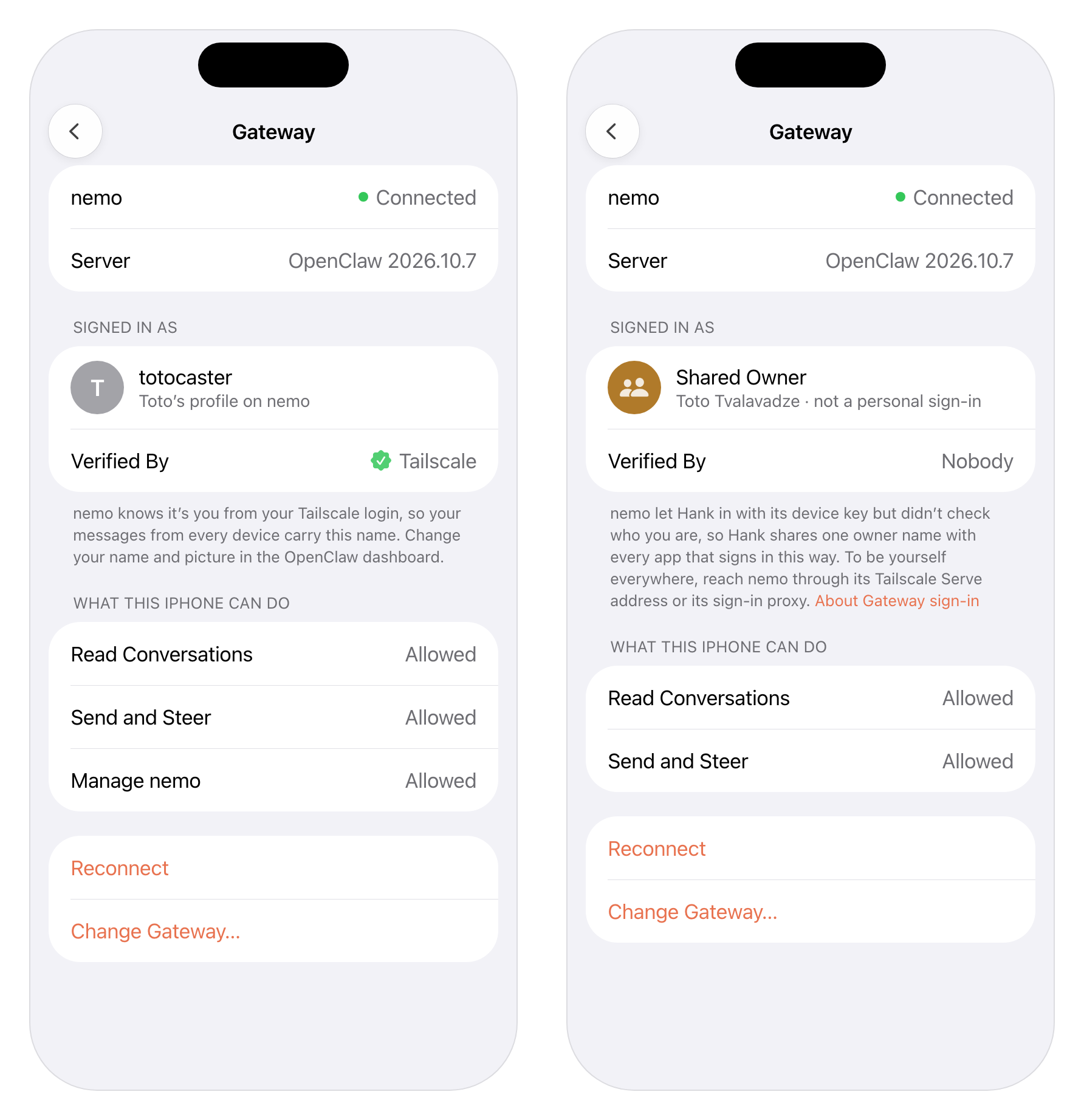 Two iPhone screens of Hank's Gateway page. On the left, Signed In As shows totocaster, verified by Tailscale. On the right, it shows Shared Owner, Toto Tvalavadze, not a personal sign-in, verified by nobody, with a note on how to sign in as yourself.
