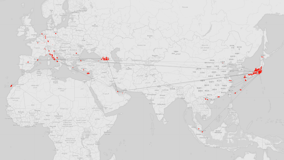 A pale map of Europe and Asia marked with vermilion places and fine connections