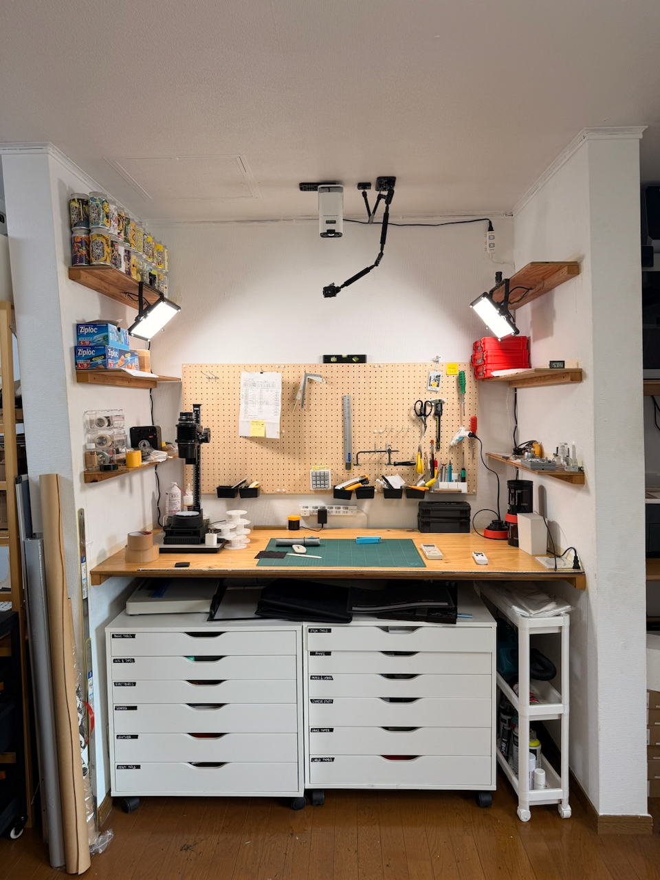 The main workbench and its drawer storage