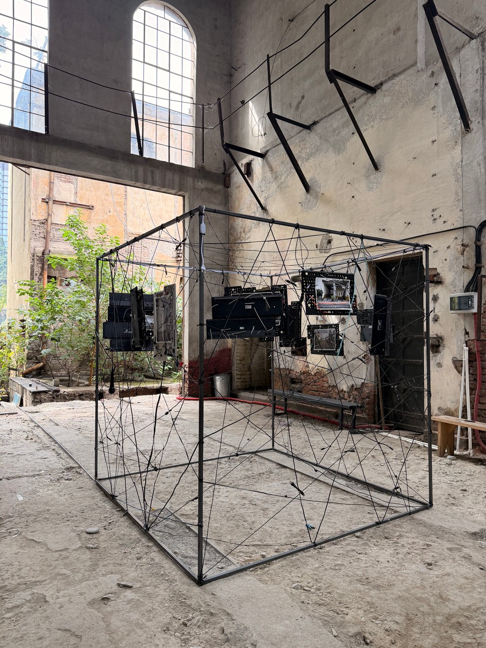 The installation viewed toward the open entrance of Mutant Radio