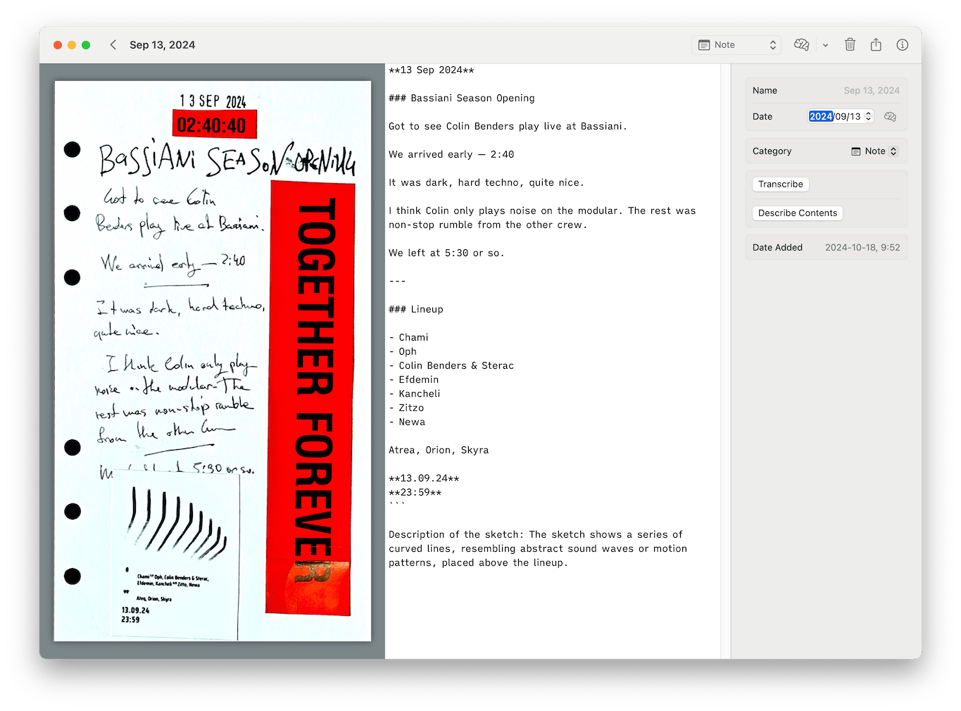 Soma for macOS. Note transcription view. Early prototype.